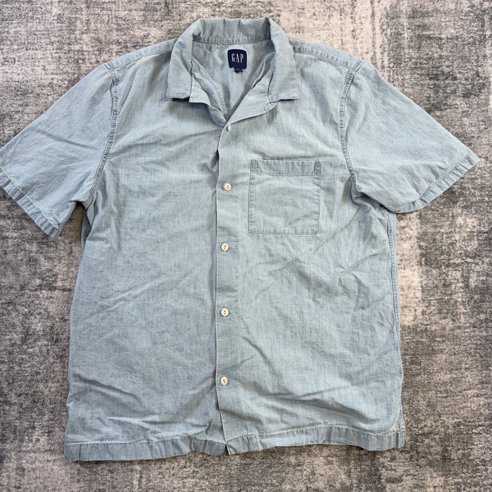 Gap Shirt Mens Large Blue Chambray Camp Loop Collar Coastal Beach Resort Preppy